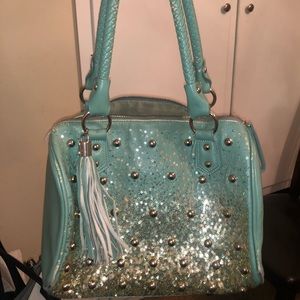 Teal purse with gold sequins